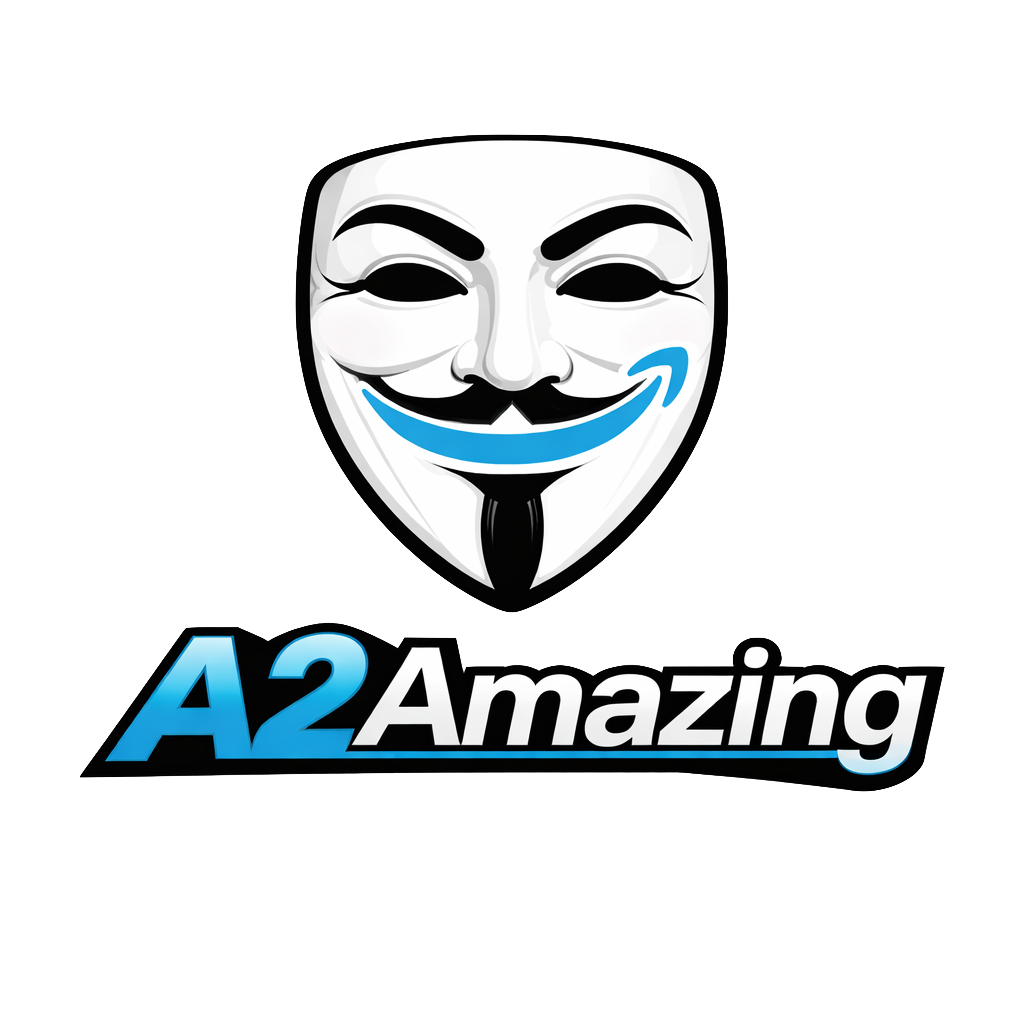A2Amazing logo, a Guy Fawkes mask with the Amazon smile arrow